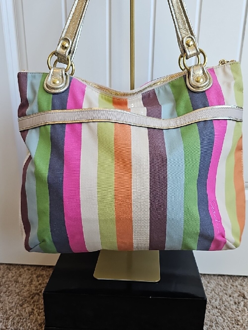 ​Coach 2011 Poppy Sequin Legacy Stripe Glam Tote - Chartreuse Interior - EUC - Picture 9 of 13